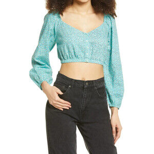 BP. Women's Bubble Sleeve Linen Blend Crop Top In Green Yucca Lacey Ditsy Size S